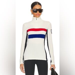 White Quarter-Zip Sweater with Red and Blue Stripes